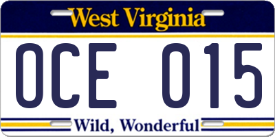 WV license plate OCE015