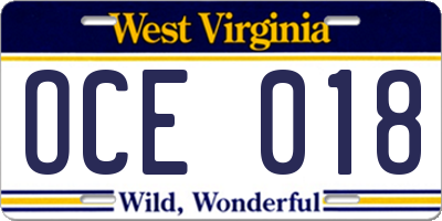 WV license plate OCE018