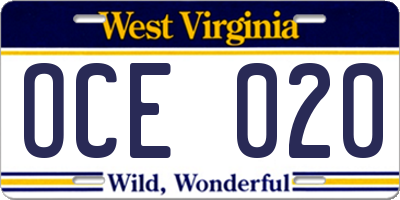 WV license plate OCE020