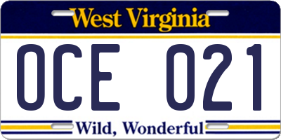 WV license plate OCE021