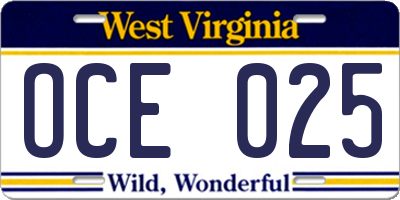 WV license plate OCE025