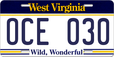 WV license plate OCE030