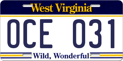 WV license plate OCE031