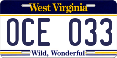 WV license plate OCE033