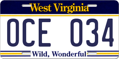 WV license plate OCE034