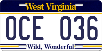 WV license plate OCE036
