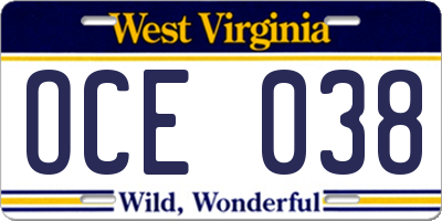 WV license plate OCE038