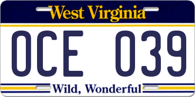 WV license plate OCE039