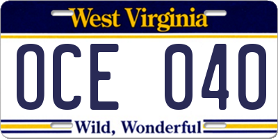 WV license plate OCE040