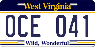WV license plate OCE041