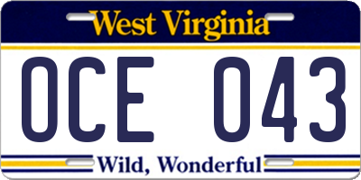 WV license plate OCE043