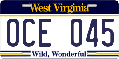 WV license plate OCE045