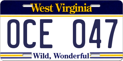 WV license plate OCE047