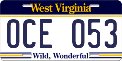WV license plate OCE053