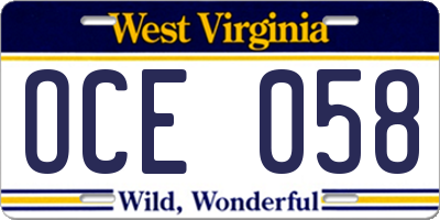 WV license plate OCE058