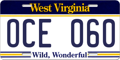 WV license plate OCE060