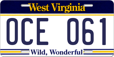 WV license plate OCE061