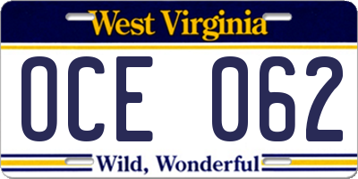 WV license plate OCE062