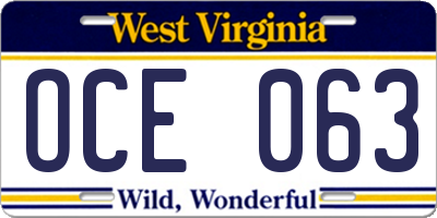 WV license plate OCE063