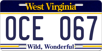 WV license plate OCE067