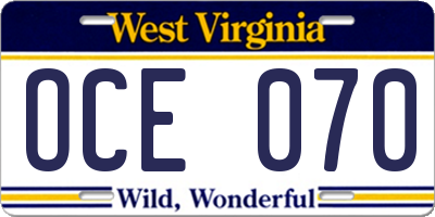 WV license plate OCE070
