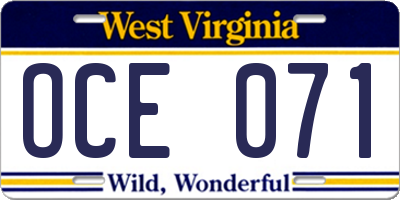 WV license plate OCE071