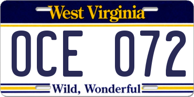 WV license plate OCE072