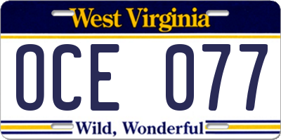 WV license plate OCE077