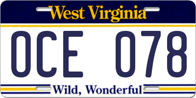 WV license plate OCE078