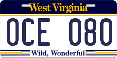 WV license plate OCE080