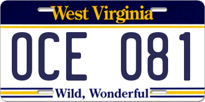 WV license plate OCE081