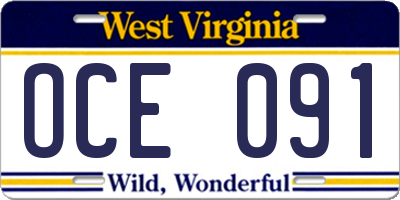 WV license plate OCE091