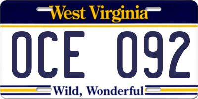 WV license plate OCE092