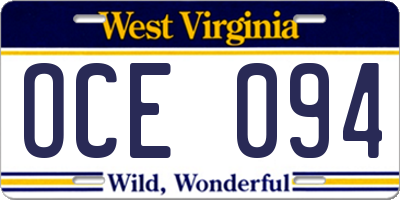 WV license plate OCE094
