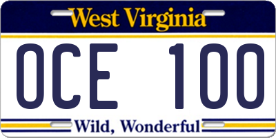 WV license plate OCE100