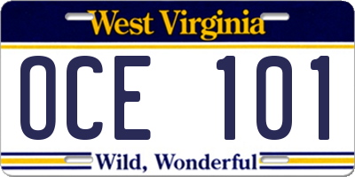 WV license plate OCE101