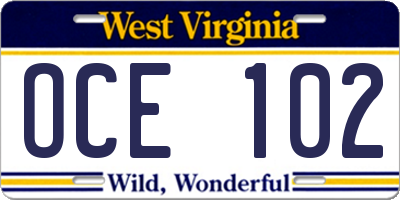 WV license plate OCE102