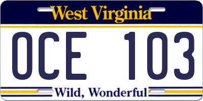 WV license plate OCE103