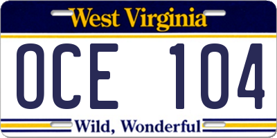 WV license plate OCE104