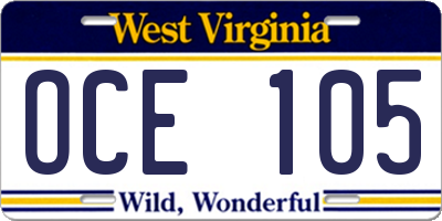 WV license plate OCE105