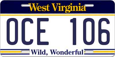 WV license plate OCE106