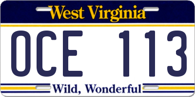 WV license plate OCE113