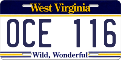 WV license plate OCE116