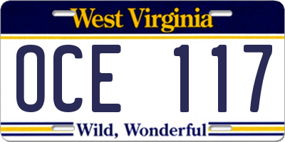 WV license plate OCE117