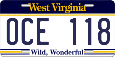WV license plate OCE118