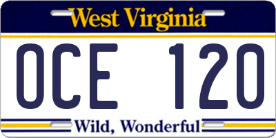 WV license plate OCE120