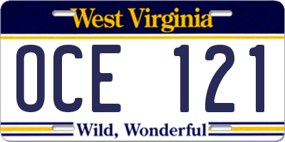 WV license plate OCE121