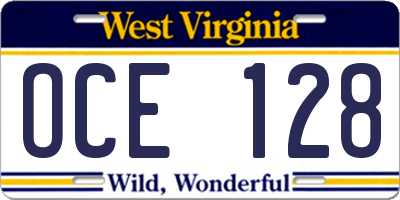 WV license plate OCE128