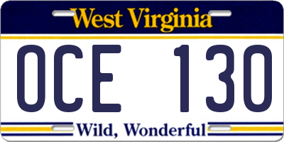 WV license plate OCE130