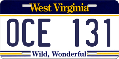 WV license plate OCE131